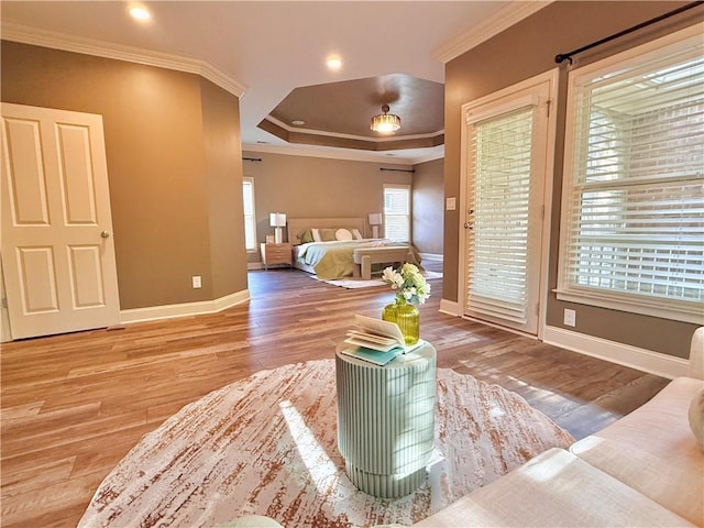 living area featuring baseboards, ornamental molding, a raised ceiling, and wood finished floors