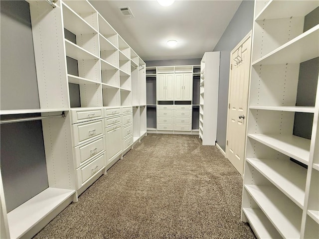 walk in closet with visible vents and carpet