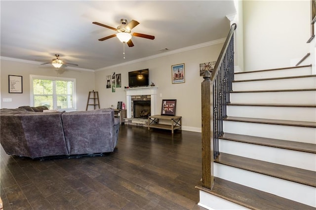 living room with ornamental molding, ceiling fan, and dark wood-type flooring