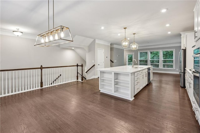 1036 Grant Park Rd, Decatur, GA 30033 - kitchen with open shelves, stainless steel appliances, ornamental molding, a sink, and white cabinets