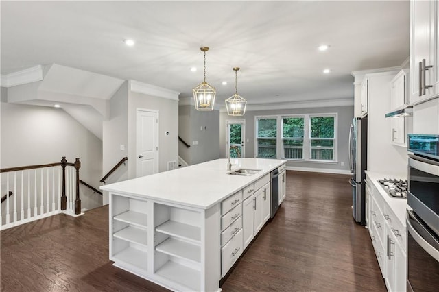 1036 Grant Park Rd, Decatur, GA 30033 - kitchen featuring a sink, open shelves, white cabinetry, appliances with stainless steel finishes, and a kitchen island with sink