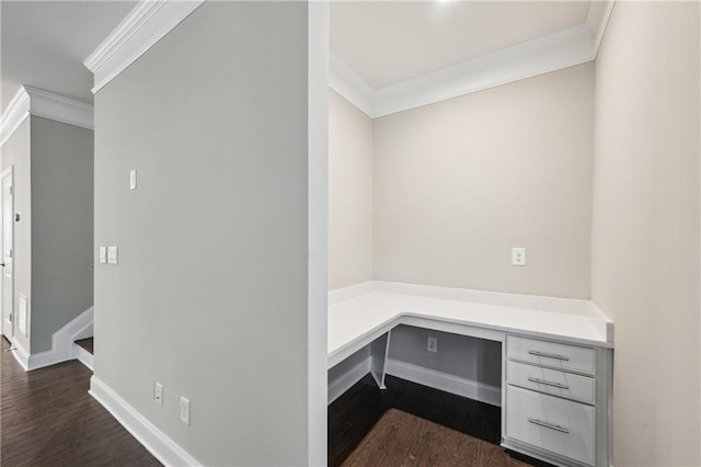 1036 Grant Park Rd, Decatur, GA 30033 - mudroom featuring ornamental molding, dark wood-style floors, baseboards, and built in study area