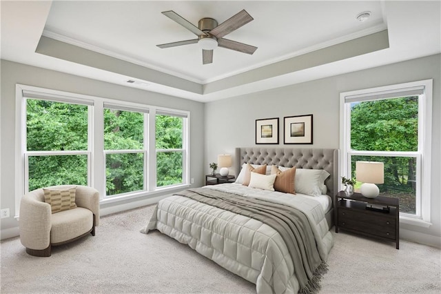 1036 Grant Park Rd, Decatur, GA 30033 - bedroom with a raised ceiling, light carpet, ornamental molding, multiple windows, and a ceiling fan