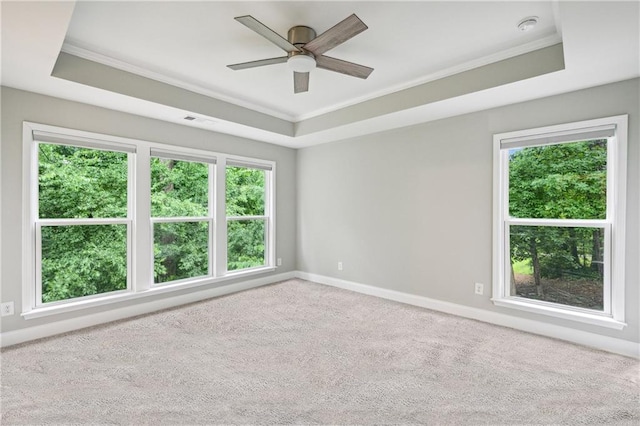 1036 Grant Park Rd, Decatur, GA 30033 - carpeted empty room with ornamental molding, a tray ceiling, baseboards, healthy amount of natural light, and a ceiling fan