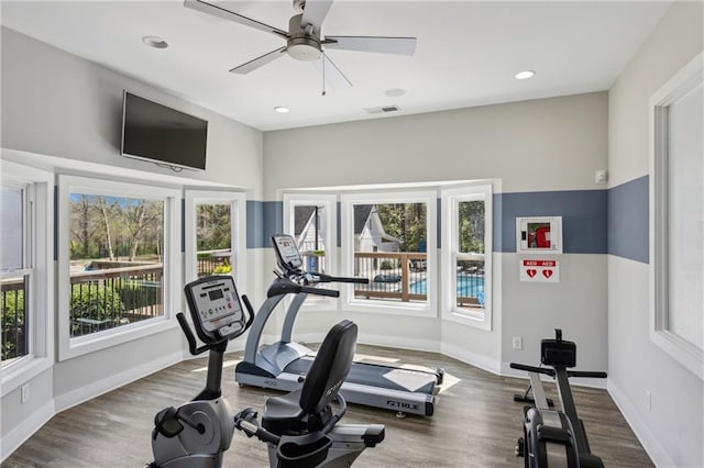 1036 Grant Park Rd, Decatur, GA 30033 - workout room featuring healthy amount of natural light, wood finished floors, ceiling fan, baseboards, and recessed lighting