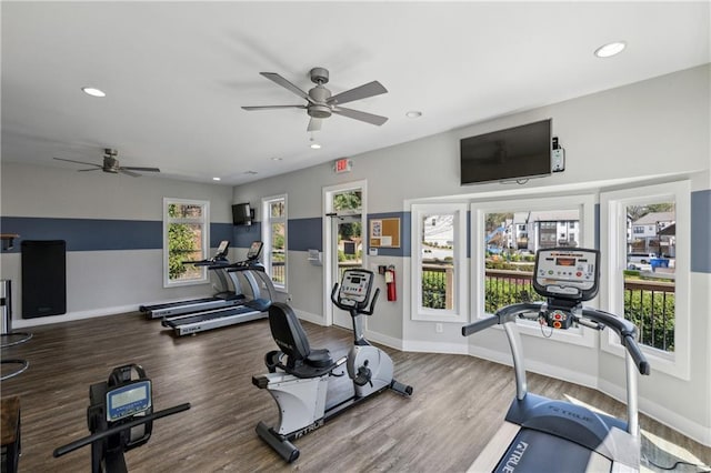 1036 Grant Park Rd, Decatur, GA 30033 - exercise room featuring ceiling fan, recessed lighting, wood finished floors, and baseboards
