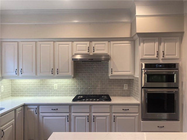 kitchen with white cabinets, decorative backsplash, and stainless steel appliances