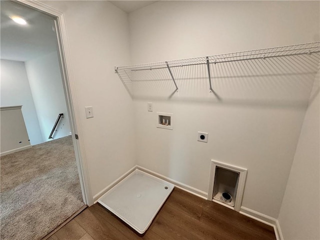 clothes washing area with laundry area, washer hookup, wood finished floors, and hookup for an electric dryer