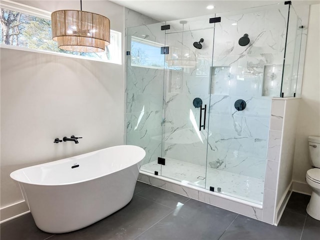 bathroom featuring tile patterned floors, plus walk in shower, and toilet