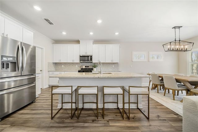 kitchen featuring visible vents, a sink, decorative backsplash, appliances with stainless steel finishes, and a kitchen island with sink