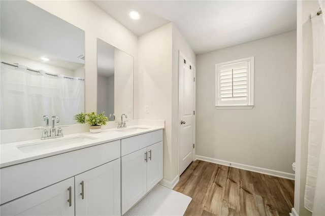 bathroom with double vanity, wood finished floors, baseboards, and a sink