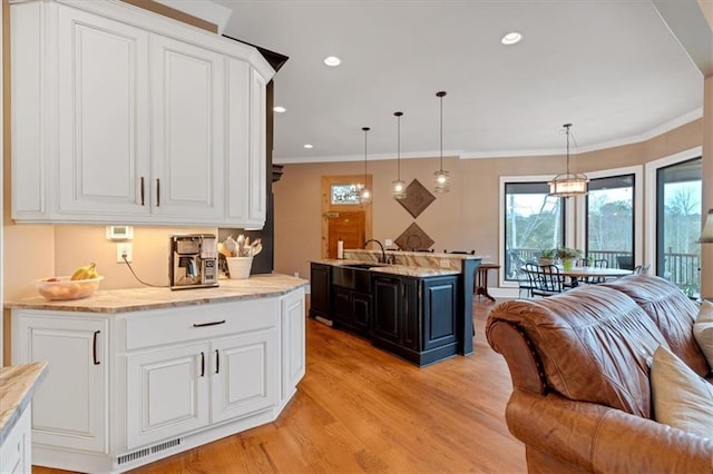 kitchen featuring light hardwood / wood-style floors, hanging light fixtures, sink, an island with sink, and crown molding