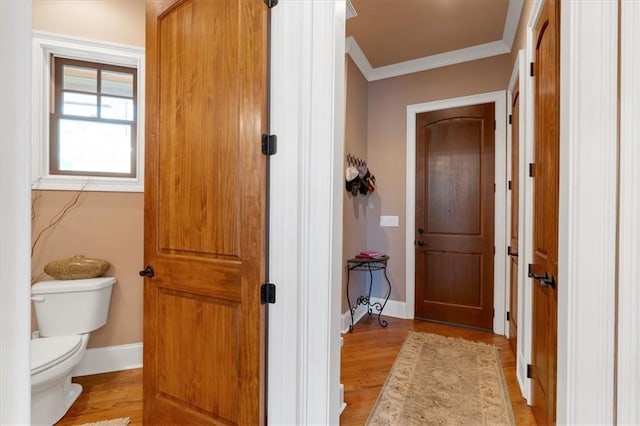 interior space with ornamental molding and light hardwood / wood-style flooring