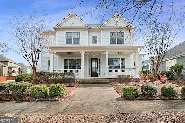 view of front of home featuring a porch and a ceiling fan