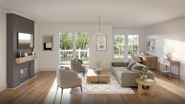 living room featuring a multi sided fireplace, a chandelier, hardwood / wood-style floors, and crown molding