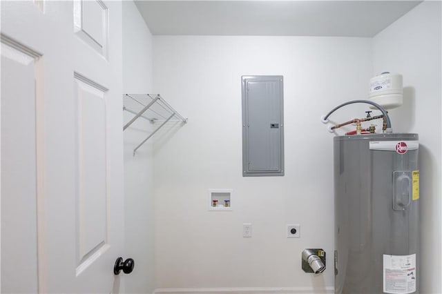 laundry area featuring electric water heater, hookup for an electric dryer, laundry area, washer hookup, and electric panel