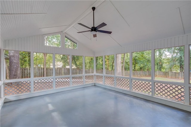 unfurnished sunroom with lofted ceiling and ceiling fan