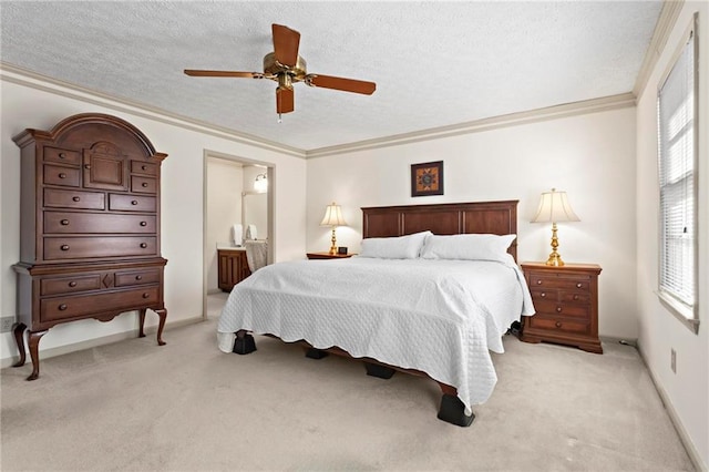 carpeted bedroom with ceiling fan, a textured ceiling, and ornamental molding