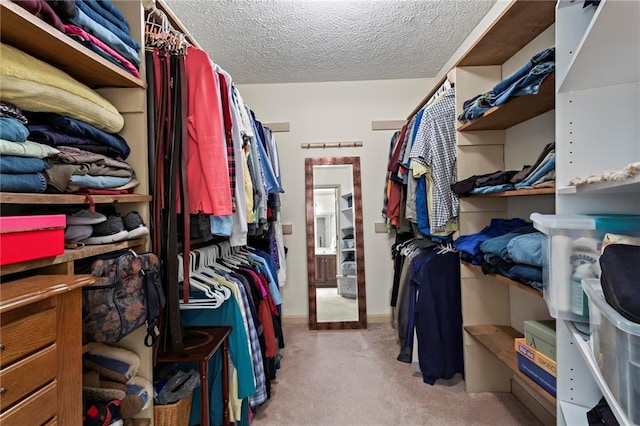 walk in closet featuring light carpet