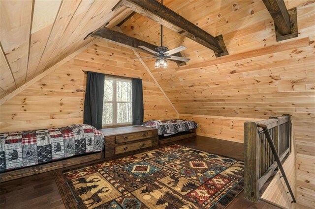 bedroom featuring vaulted ceiling with beams, wooden ceiling, hardwood / wood-style floors, and wood walls