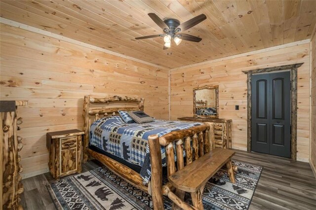 bedroom with wood ceiling, ceiling fan, wood-type flooring, and wood walls