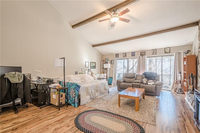 200 Villa Rd Unit 103, Jasper, GA 30143 - living room featuring wood finished floors, beam ceiling, a ceiling fan, and high vaulted ceiling