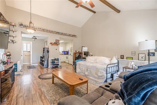 200 Villa Rd Unit 103, Jasper, GA 30143 - bedroom with high vaulted ceiling, light wood-type flooring, beam ceiling, and connected bathroom