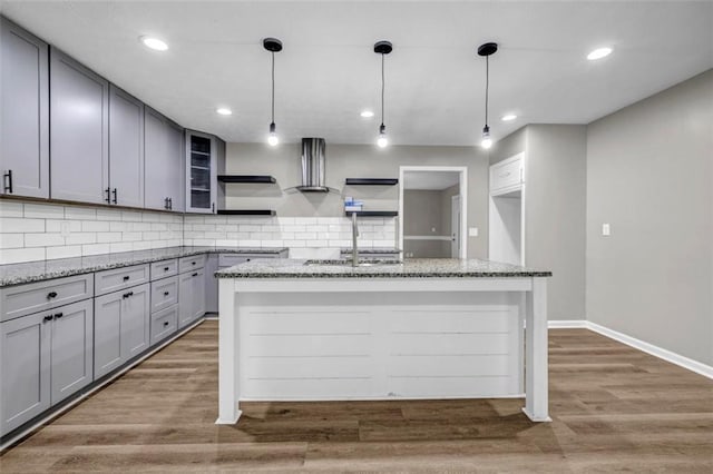 3927 Airline Rd, Mcdonough, GA 30252 - kitchen with open shelves, a sink, island range hood, gray cabinets, and backsplash