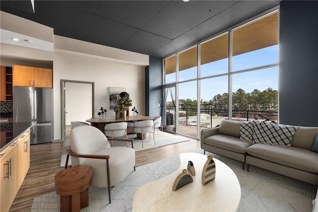 living room with floor to ceiling windows and light hardwood / wood-style floors