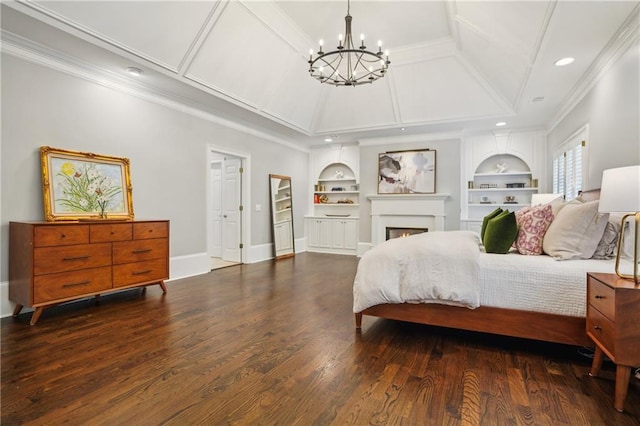 4555 Peachtree Dunwoody Rd, Sandy Springs, GA 30342 - bedroom with an inviting chandelier, ornamental molding, wood finished floors, baseboards, and a lit fireplace