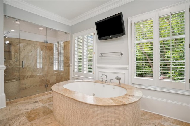 4555 Peachtree Dunwoody Rd, Sandy Springs, GA 30342 - full bath featuring a jetted tub, crown molding, and a stall shower