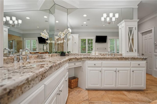 4555 Peachtree Dunwoody Rd, Sandy Springs, GA 30342 - kitchen featuring white cabinetry, light stone countertops, an inviting chandelier, and a sink