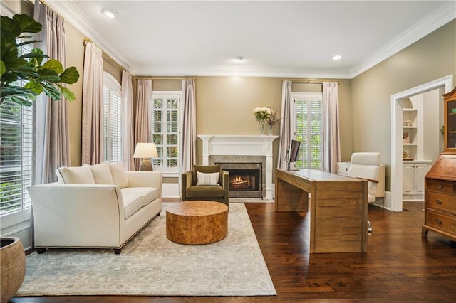4555 Peachtree Dunwoody Rd, Sandy Springs, GA 30342 - sitting room with crown molding, a warm lit fireplace, recessed lighting, baseboards, and dark wood-style floors