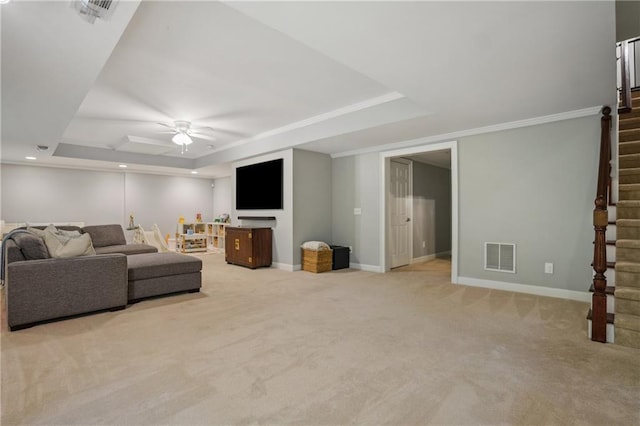 4555 Peachtree Dunwoody Rd, Sandy Springs, GA 30342 - carpeted living area featuring visible vents, baseboards, ceiling fan, stairway, and a raised ceiling