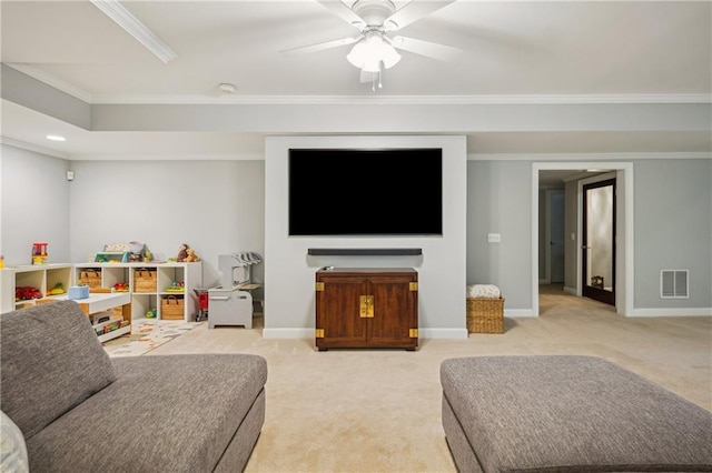 4555 Peachtree Dunwoody Rd, Sandy Springs, GA 30342 - living room with a ceiling fan, visible vents, baseboards, ornamental molding, and light carpet