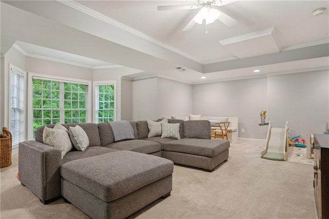 4555 Peachtree Dunwoody Rd, Sandy Springs, GA 30342 - living area featuring recessed lighting, ceiling fan, light carpet, and ornamental molding