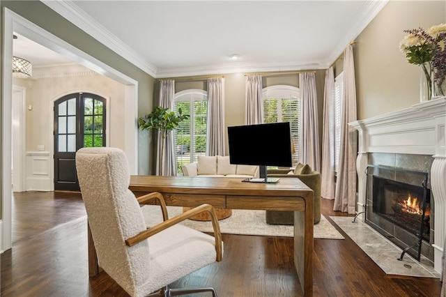 4555 Peachtree Dunwoody Rd, Sandy Springs, GA 30342 - office space featuring crown molding, dark wood-type flooring, and a fireplace