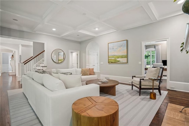 4555 Peachtree Dunwoody Rd, Sandy Springs, GA 30342 - living area with baseboards, arched walkways, stairs, and wood finished floors
