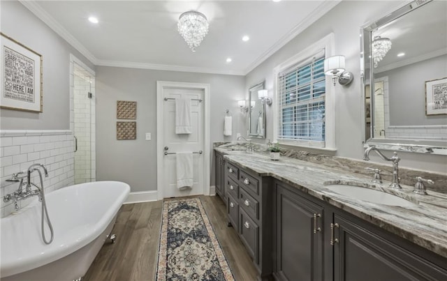 bathroom with wood finished floors, crown molding, and a sink