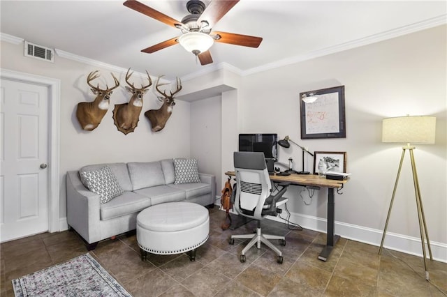 office featuring visible vents, baseboards, a ceiling fan, and crown molding