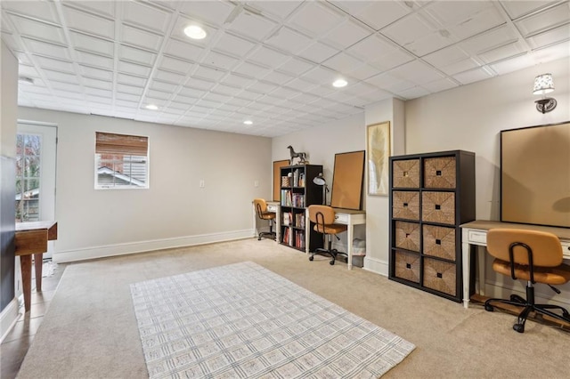 office space featuring recessed lighting, carpet, and baseboards