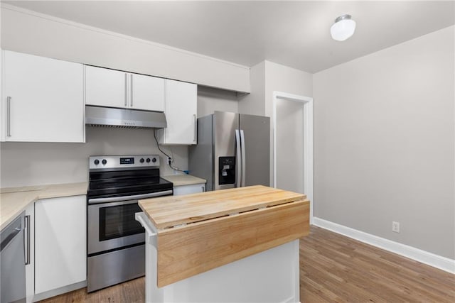 765 Houston Mill Rd NE Unit 7, Atlanta, GA 30329 - kitchen with under cabinet range hood, stainless steel appliances, wooden counters, white cabinets, and baseboards