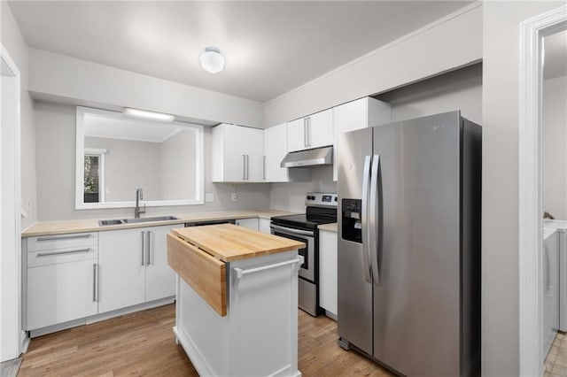 765 Houston Mill Rd NE Unit 7, Atlanta, GA 30329 - kitchen with stainless steel appliances, a sink, under cabinet range hood, butcher block countertops, and white cabinets
