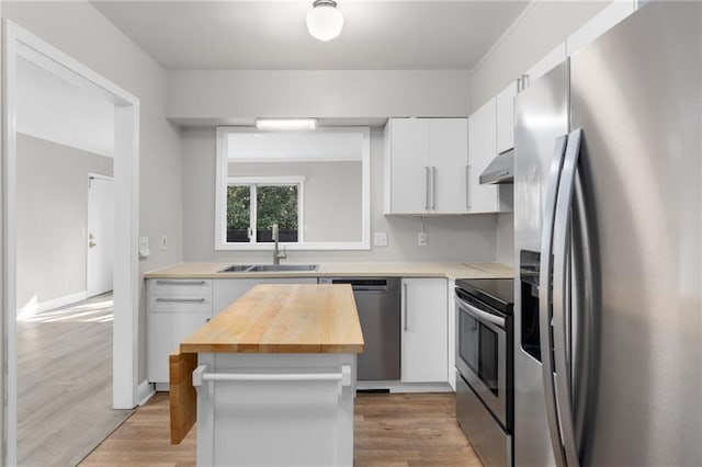765 Houston Mill Rd NE Unit 7, Atlanta, GA 30329 - kitchen with stainless steel appliances, a sink, under cabinet range hood, butcher block countertops, and white cabinets