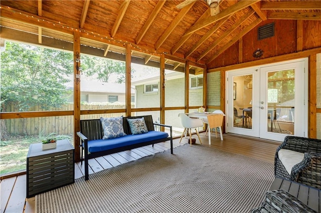 2985 Westbury Dr, Decatur, GA 30033 - sunroom with french doors, a ceiling fan, an outdoor living space, and lofted ceiling