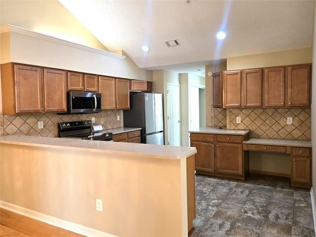 kitchen featuring tasteful backsplash, visible vents, brown cabinetry, light countertops, and appliances with stainless steel finishes