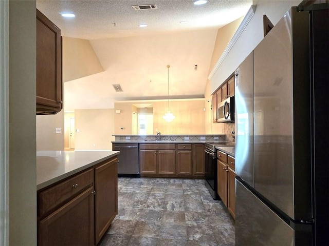 kitchen with a peninsula, visible vents, high vaulted ceiling, and appliances with stainless steel finishes