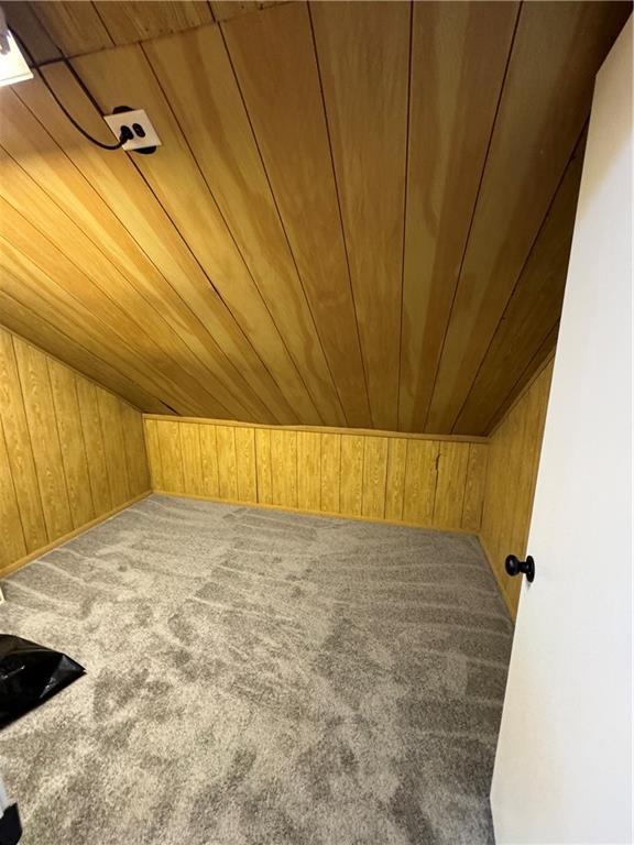 bonus room with wood walls, carpet flooring, and wooden ceiling