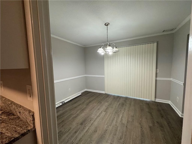 unfurnished room with a baseboard radiator, crown molding, a notable chandelier, and dark hardwood / wood-style flooring