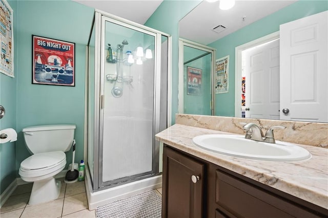 full bath featuring tile patterned flooring, a shower stall, toilet, and vanity